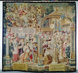 Scene della vita di San Remigio (m.533) vescovo di Reims: la battaglia di Tolbiac nel 496: la conversione e il battesimo di Clodoveo I (465-511), Re dei Franchi, 1531